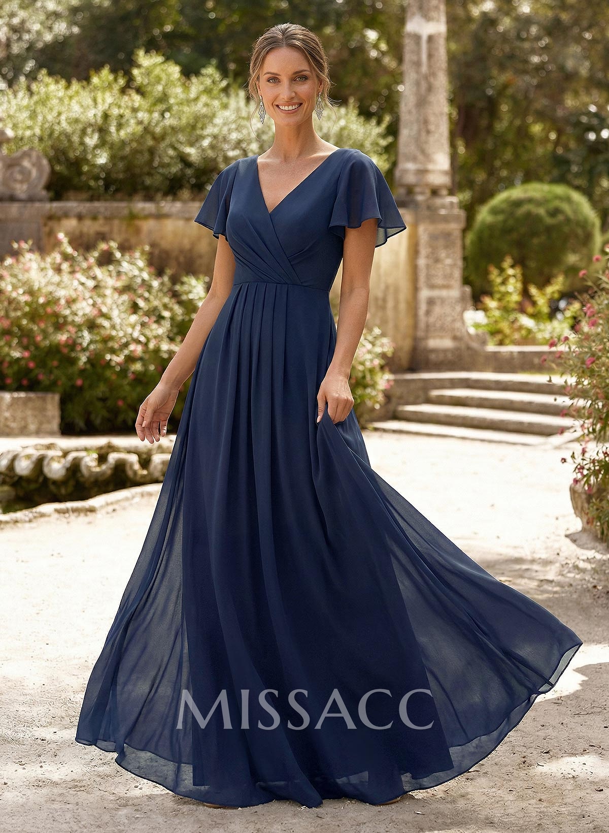 A-Line V-Neck Short Sleeves Floor-Length Chiffon Mother Of The Bride Dresses With High Split
