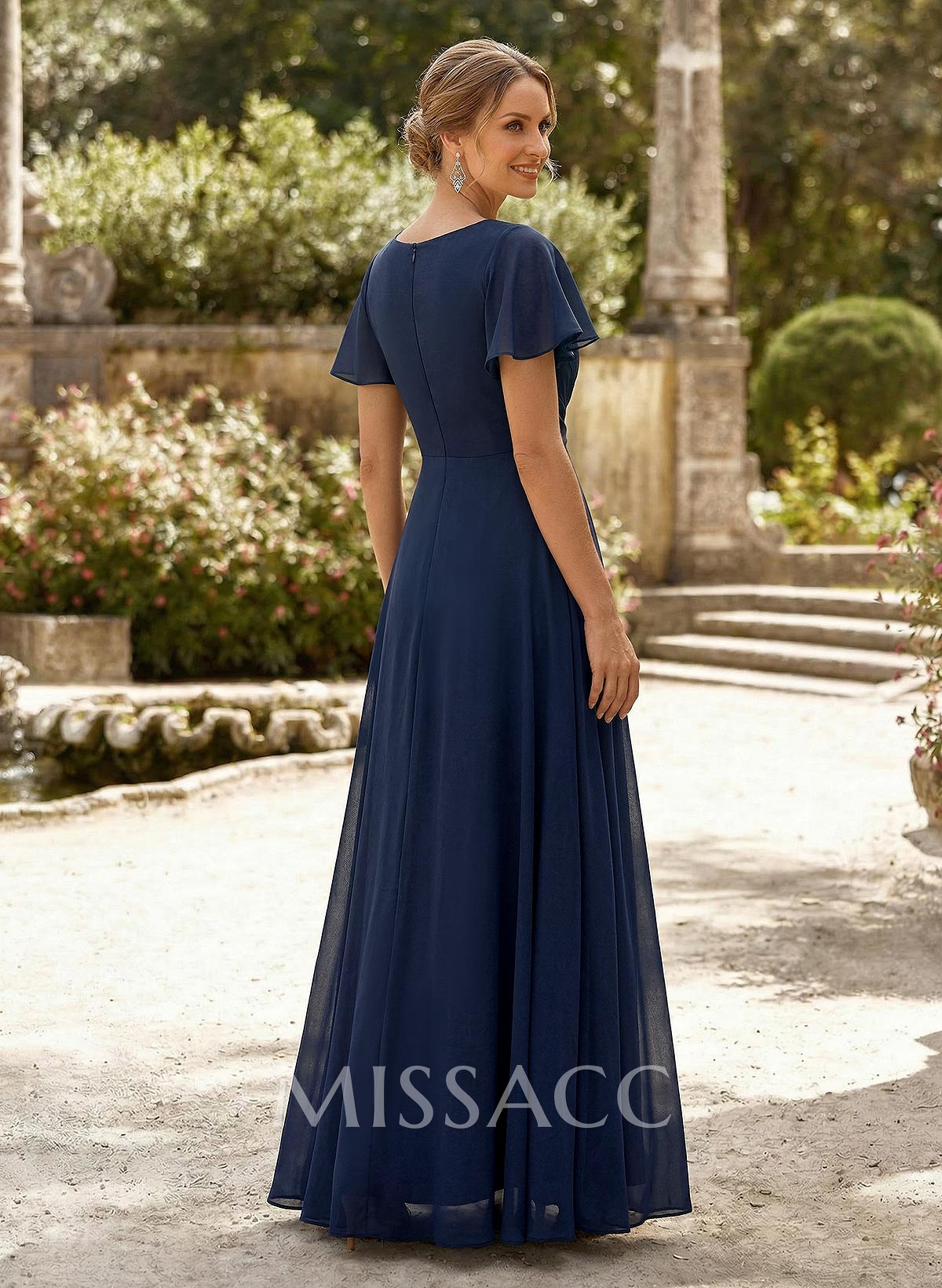 A-Line V-Neck Short Sleeves Floor-Length Chiffon Mother Of The Bride Dresses With High Split
