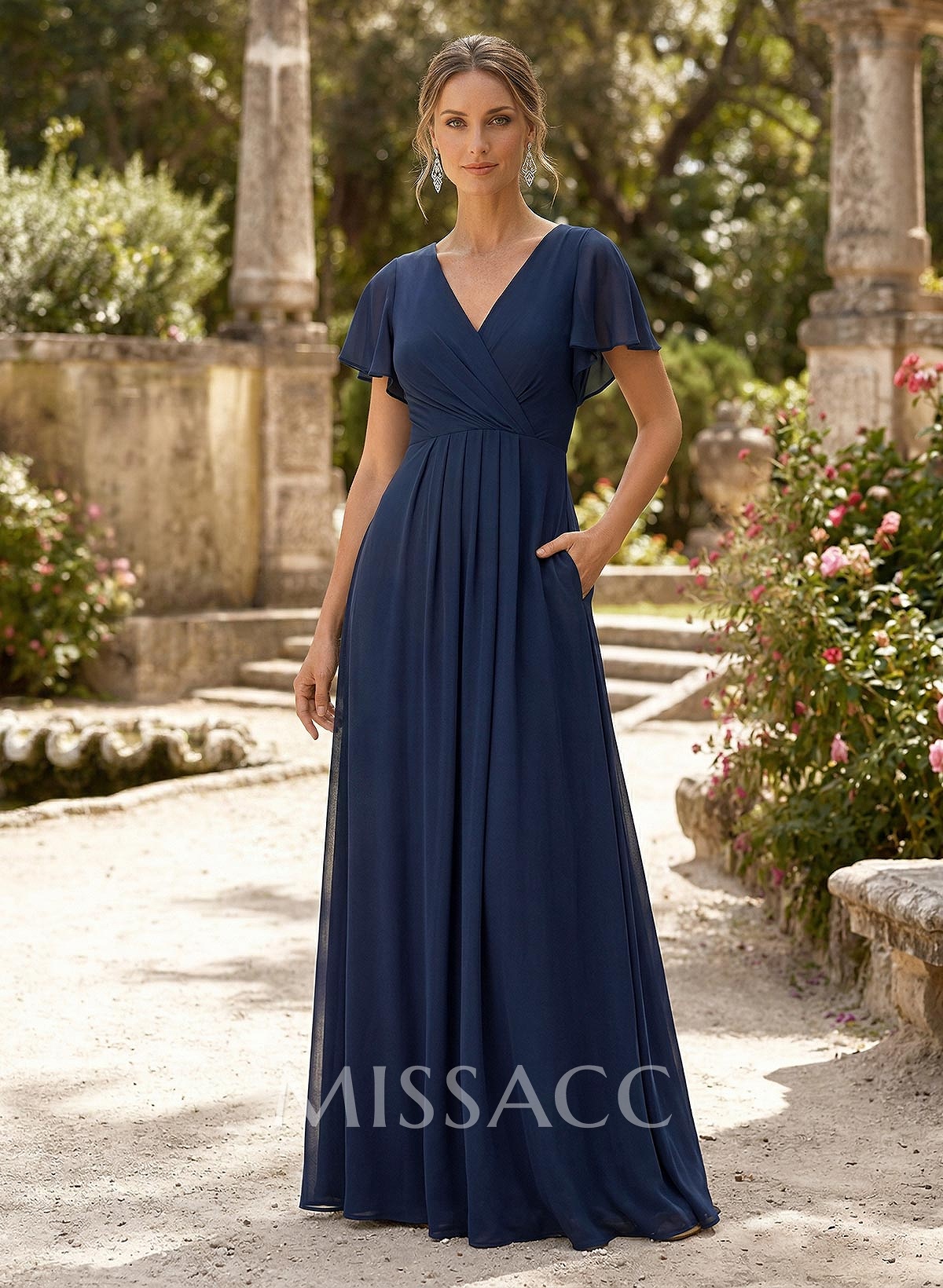 A-Line V-Neck Short Sleeves Floor-Length Chiffon Mother Of The Bride Dresses With High Split