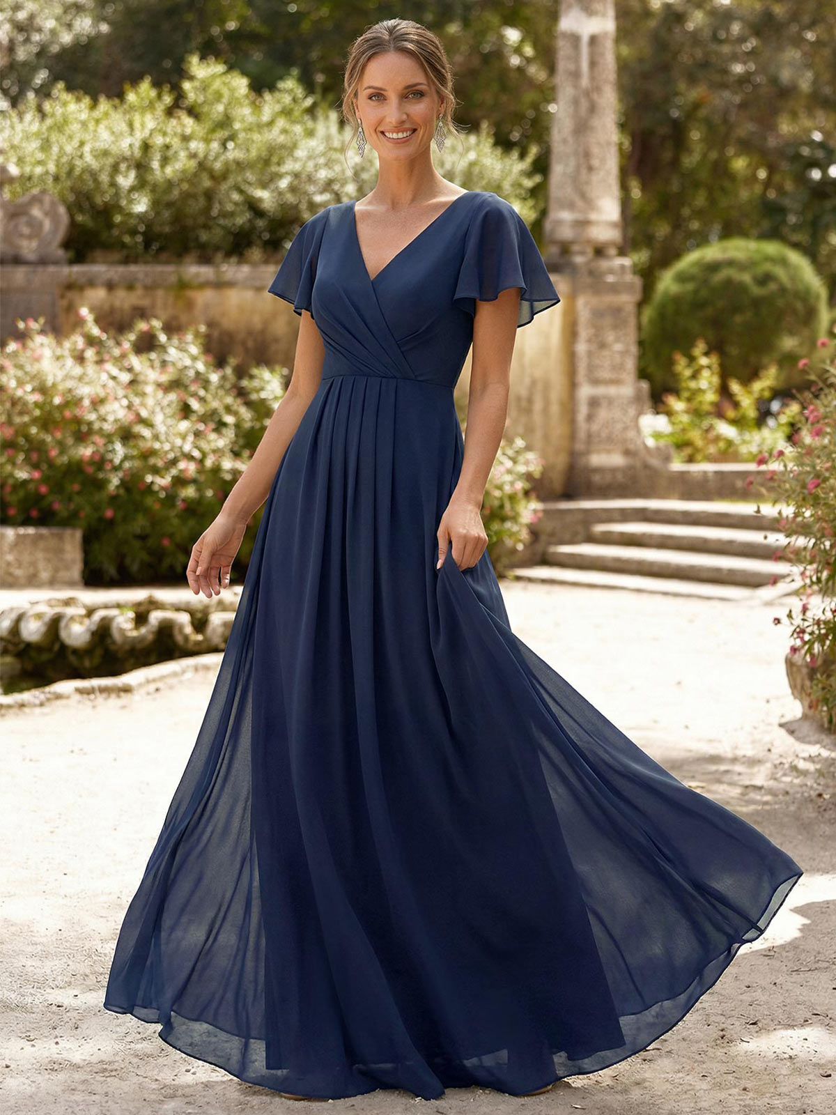 A-Line V-Neck Short Sleeves Floor-Length Chiffon Mother Of The Bride Dresses With High Split