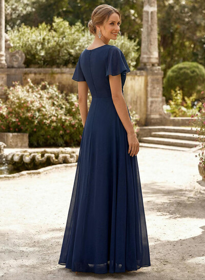 A-Line V-Neck Short Sleeves Floor-Length Chiffon Mother Of The Bride Dresses With High Split