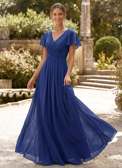 A-Line V-Neck Short Sleeves Floor-Length Chiffon Mother Of The Bride Dresses With High Split