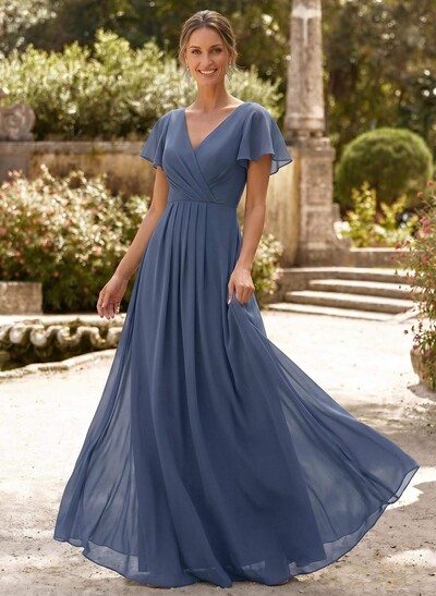 A-Line V-Neck Short Sleeves Floor-Length Chiffon Mother Of The Bride Dresses With High Split