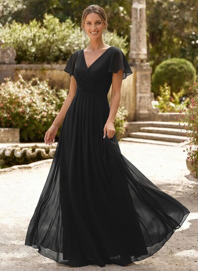 A-Line V-Neck Short Sleeves Floor-Length Chiffon Mother Of The Bride Dresses With High Split