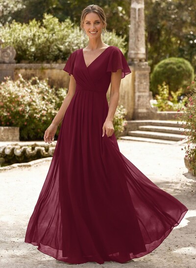 A-Line V-Neck Short Sleeves Floor-Length Chiffon Evening Dresses With High Split