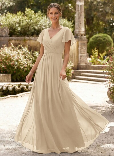A-Line V-Neck Short Sleeves Floor-Length Chiffon Mother Of The Bride Dresses With High Split
