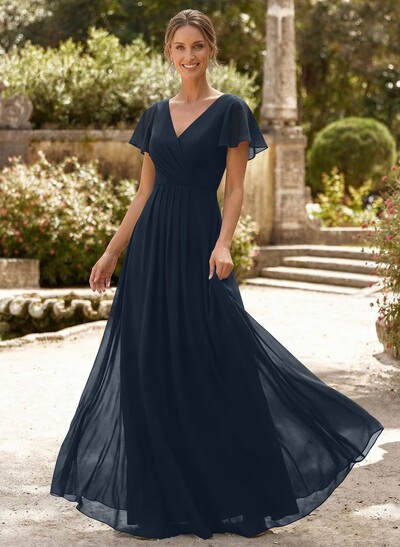 A-Line V-Neck Short Sleeves Floor-Length Chiffon Mother Of The Bride Dresses With High Split