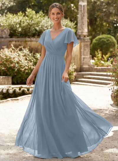 A-Line V-Neck Short Sleeves Floor-Length Chiffon Mother Of The Bride Dresses With High Split