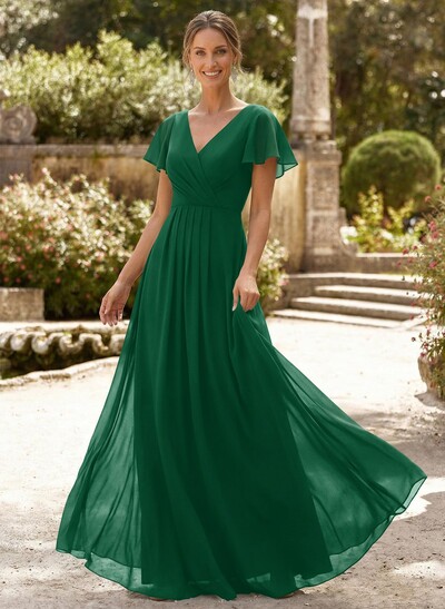 A-Line V-Neck Short Sleeves Floor-Length Chiffon Mother Of The Bride Dresses With High Split