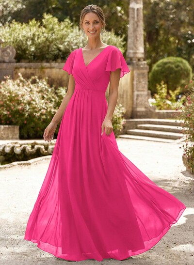 A-Line V-Neck Short Sleeves Floor-Length Chiffon Mother Of The Bride Dresses With High Split
