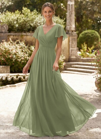 A-Line V-Neck Short Sleeves Floor-Length Chiffon Evening Dresses With High Split