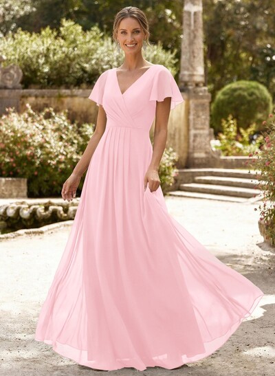 A-Line V-Neck Short Sleeves Floor-Length Chiffon Mother Of The Bride Dresses With High Split