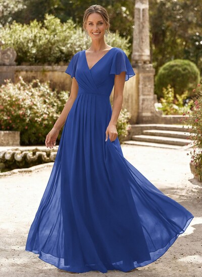 A-Line V-Neck Short Sleeves Floor-Length Chiffon Mother Of The Bride Dresses With High Split