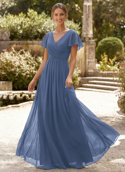 A-Line V-Neck Short Sleeves Floor-Length Chiffon Mother Of The Bride Dresses With High Split