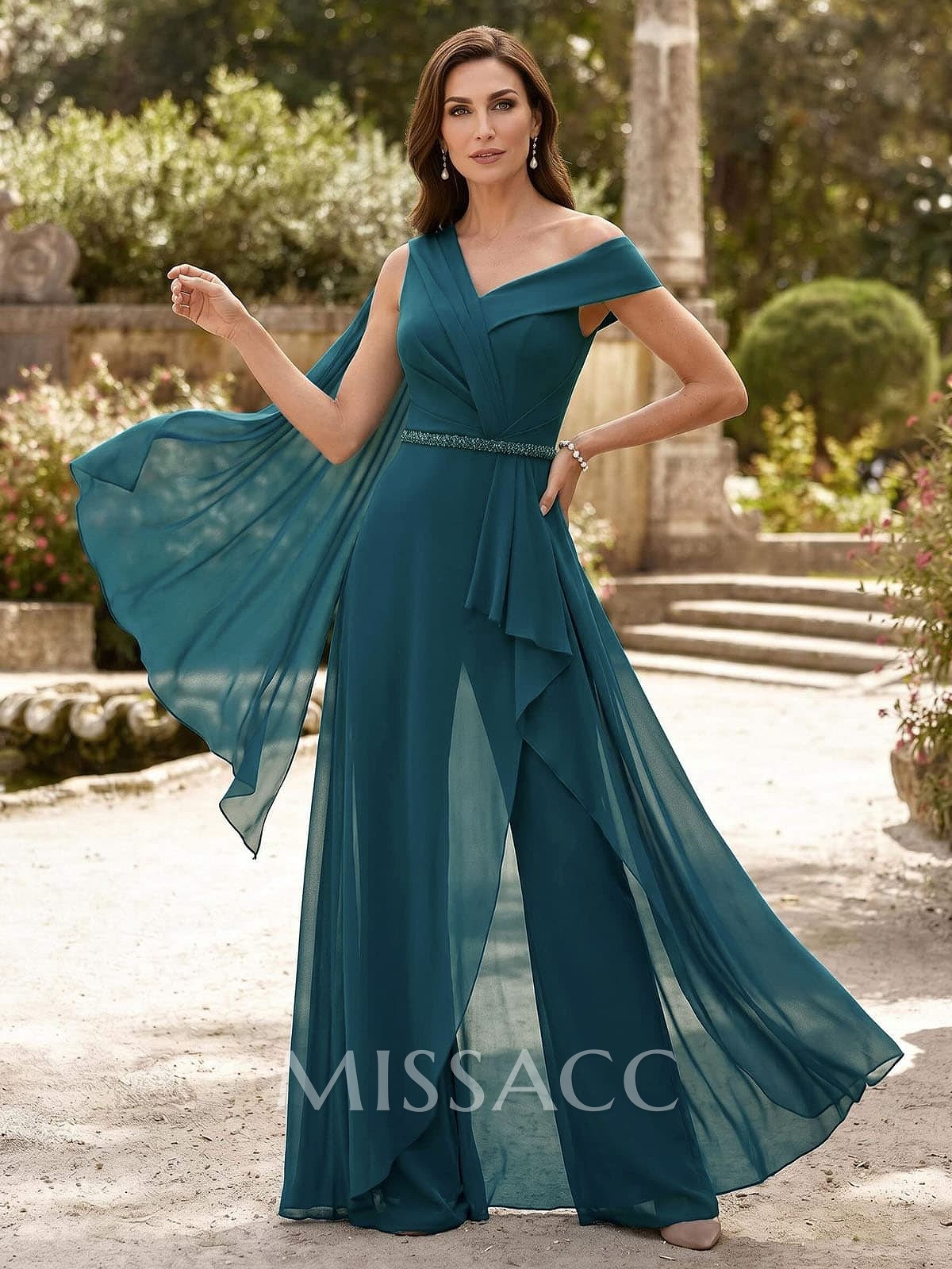 Jumpsuit/Pantsuit Asymmetrical Sleeveless Ankle-Length Chiffon Mother Of The Bride Dresses With Sash