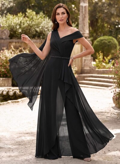 Jumpsuit/Trouser Suit Asymmetrical Sleeveless Floor-Length Chiffon Mother of the Bride Outfit With Sash