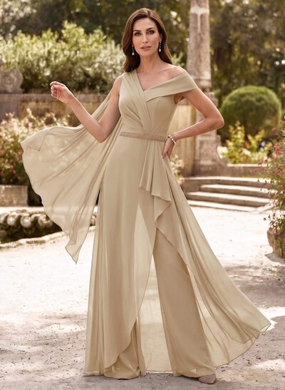 Jumpsuit/Pantsuit Asymmetrical Sleeveless Floor-Length Chiffon Mother Of The Bride Dresses With Sash