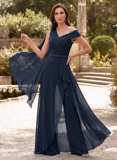 Jumpsuit/Pantsuit Asymmetrical Sleeveless Floor-Length Chiffon Mother Of The Bride Dresses With Sash