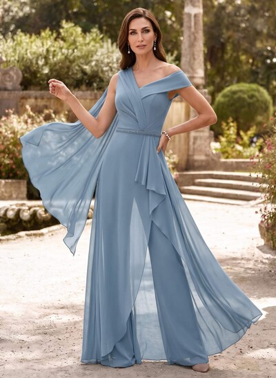 Jumpsuit/Pantsuit Asymmetrical Sleeveless Floor-Length Chiffon Mother Of The Bride Dresses With Sash