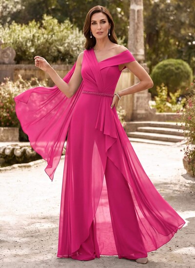 Jumpsuit/Trouser Suit Asymmetrical Sleeveless Floor-Length Chiffon Mother of the Bride Outfit With Sash
