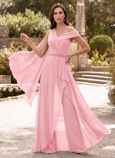 Jumpsuit/Pantsuit Asymmetrical Sleeveless Floor-Length Chiffon Mother Of The Bride Dresses With Sash
