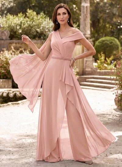 Jumpsuit/Pantsuit Asymmetrical Sleeveless Floor-Length Chiffon Mother of the Bride Dress With Sash
