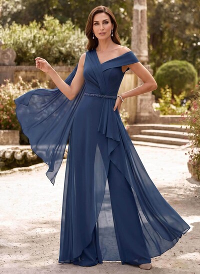 Jumpsuit/Pantsuit Asymmetrical Sleeveless Floor-Length Chiffon Mother Of The Bride Dresses With Sash