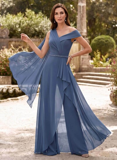 Jumpsuit/Trouser Suit Asymmetrical Sleeveless Floor-Length Chiffon Mother of the Bride Outfit With Sash
