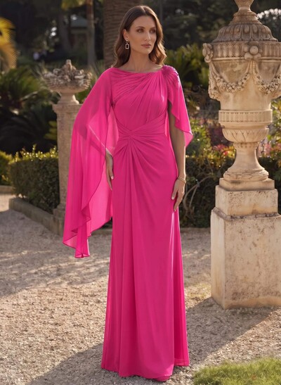 Sheath/Column Scoop Neck Cape Sleeves Floor-Length Chiffon Mother Of The Bride Dresses With Rhinestone