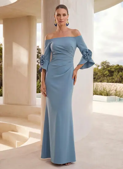 Sheath/Column Off-The-Shoulder 3/4 Sleeves Floor-Length Elastic Satin Mother Of The Bride Dresses With Flower(s)