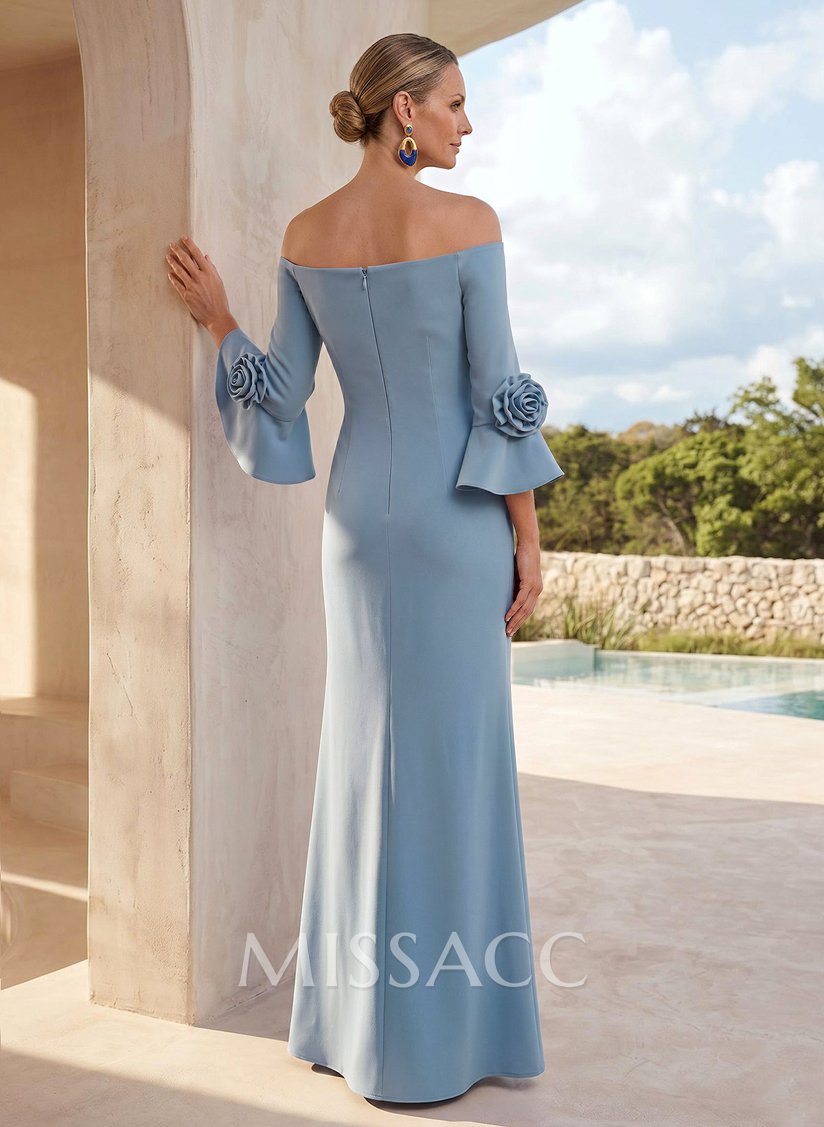 Sheath/Column Off-The-Shoulder 3/4 Sleeves Floor-Length Elastic Satin Mother Of The Bride Dresses With Flower(s) Sheath/Column Off-The-Shoulder 3/4 Sleeves Floor-Length Elastic Satin Mother Of The Bride Dresses With Flower(s)