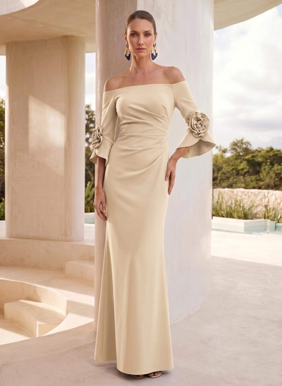 Sheath/Column Off-The-Shoulder 3/4 Sleeves Floor-Length Elastic Satin Mother Of The Bride Dresses With Flower(s)