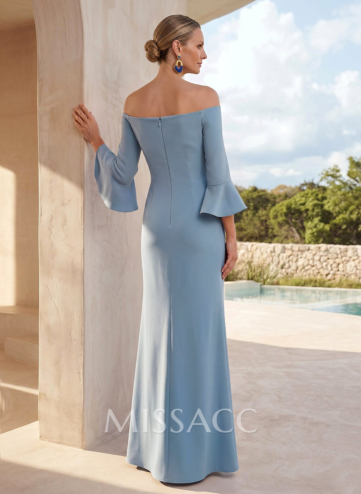 Sheath/Column Off-The-Shoulder 3/4 Sleeves Floor-Length Elastic Satin Mother Of The Bride Dresses With Flower(s) Sheath/Column Off-The-Shoulder 3/4 Sleeves Floor-Length Elastic Satin Mother Of The Bride Dresses With Flower(s)