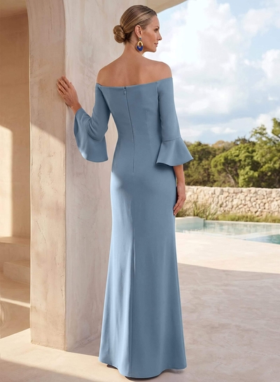 Sheath/Column Off-The-Shoulder 3/4 Sleeves Floor-Length Elastic Satin Mother Of The Bride Dresses With Flower(s)