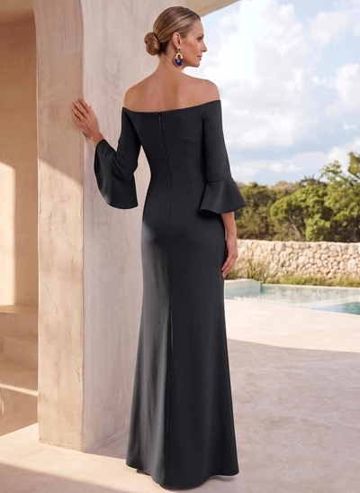 Sheath Off-The-Shoulder 3/4 Sleeve Maxi Stretch Satin Mother Of The Bride Dress With Floral Detail