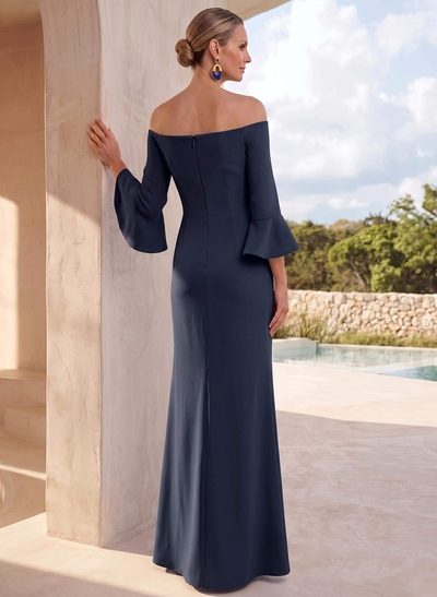 Sheath/Column Off-The-Shoulder 3/4 Sleeves Floor-Length Elastic Satin Mother Of The Bride Dresses With Flower(s)