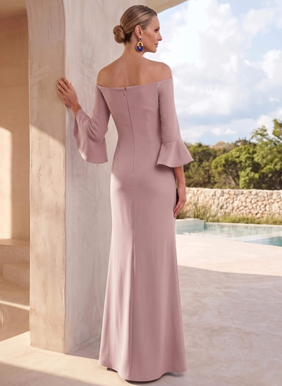 Sheath/Column Off-The-Shoulder 3/4 Sleeves Floor-Length Elastic Satin Mother Of The Bride Dresses With Flower(s)