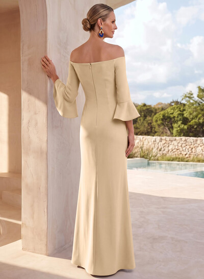 Column Off-The-Shoulder 3/4 Sleeve Floor-Length Stretch Satin Mother Of The Bride Dress With Floral Detail