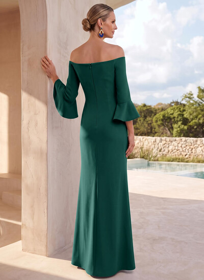 Sheath/Column Off-The-Shoulder 3/4 Sleeves Floor-Length Elastic Satin Mother Of The Bride Dresses With Flower(s)