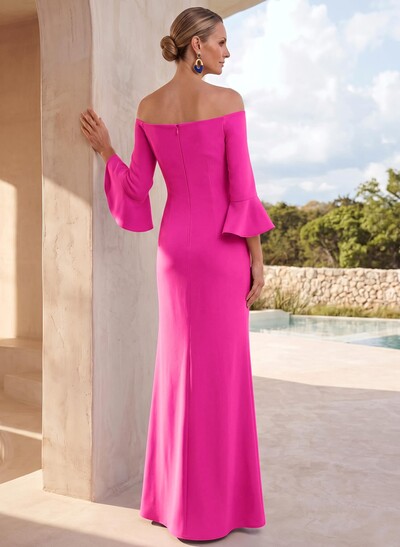 Sheath Off-The-Shoulder 3/4 Sleeve Maxi Stretch Satin Mother Of The Bride Dress With Floral Detail