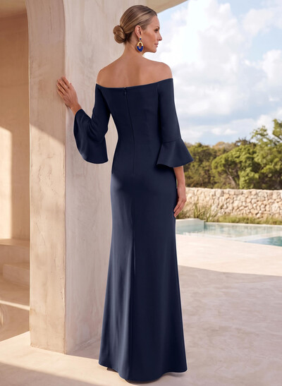 Sheath/Column Off-The-Shoulder 3/4 Sleeves Floor-Length Elastic Satin Mother Of The Bride Dresses With Flower(s)