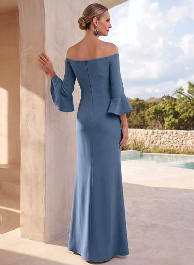 Sheath Off-The-Shoulder 3/4 Sleeve Floor-Length Stretch Satin Mother Of The Bride Dress With Floral Accents