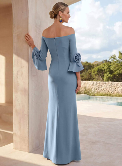 Sheath/Column Off-The-Shoulder 3/4 Sleeves Floor-Length Elastic Satin Mother Of The Bride Dresses With Flower(s)