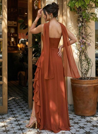 Sheath/Column Strapless Floor-Length Chiffon Mother Of The Bride Dresses With Ruffle/High Split