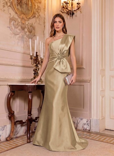 Trumpet/Mermaid One-Shoulder Sleeveless Sweep Train Satin Mother Of The Bride Dresses With Bow(s)/Rhinestone