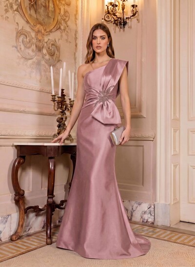 Trumpet/Mermaid One-Shoulder Sleeveless Sweep Train Satin Mother Of The Bride Dresses With Bow(s)/Rhinestone