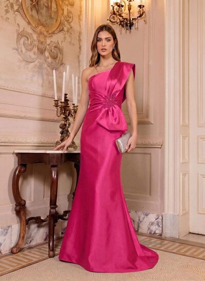 Trumpet/Mermaid One-Shoulder Sleeveless Sweep Train Satin Mother Of The Bride Dresses With Bow(s)/Rhinestone