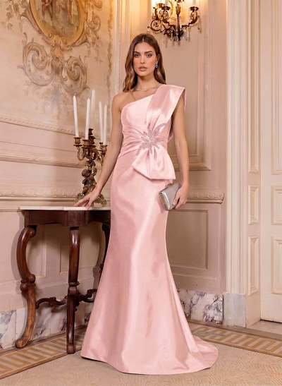 Trumpet/Mermaid One-Shoulder Sleeveless Sweep Train Satin Mother Of The Bride Dresses With Bow(s)/Rhinestone