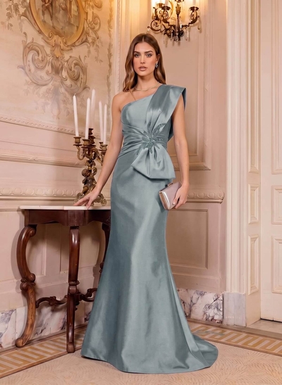 Trumpet/Mermaid One-Shoulder Sleeveless Sweep Train Satin Mother Of The Bride Dresses With Bow(s)/Rhinestone