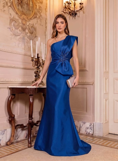 Trumpet/Mermaid One-Shoulder Sleeveless Sweep Train Satin Mother Of The Bride Dresses With Bow(s)/Rhinestone